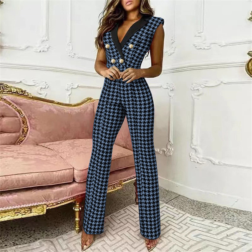 Spring Summer Women Clothing Color Matching Button V-neck Sleeveless Houndstooth Jumpsuit Business Wear for Women