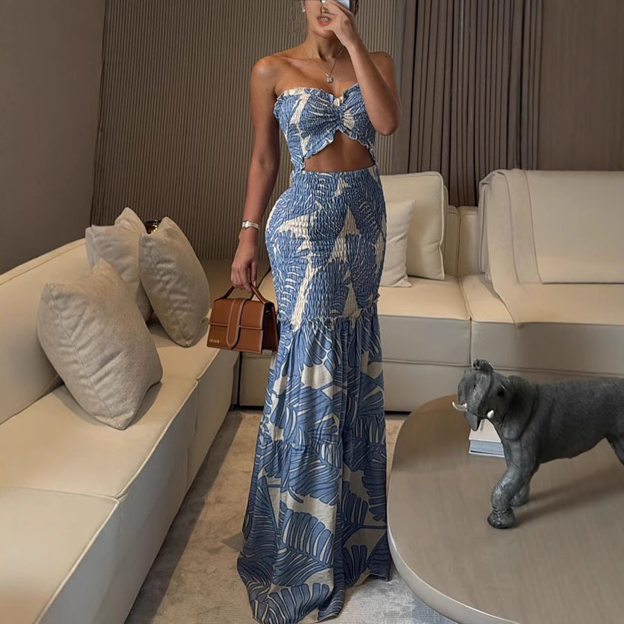 Spring Summer Halterneck Printed Pleated Dress Casual Loose Vacation Dress