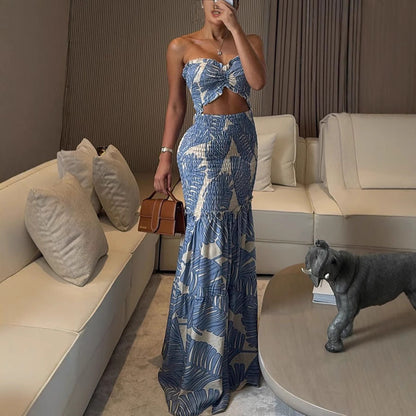 Spring Summer Halterneck Printed Pleated Dress Casual Loose Vacation Dress