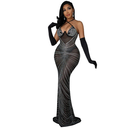 Summer Women Clothing Sexy Mesh Drilling Night Club Slip Dress Women