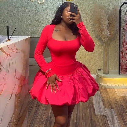 Vestido ajustado de manga larga y color liso con cuello cuadrado para mujer