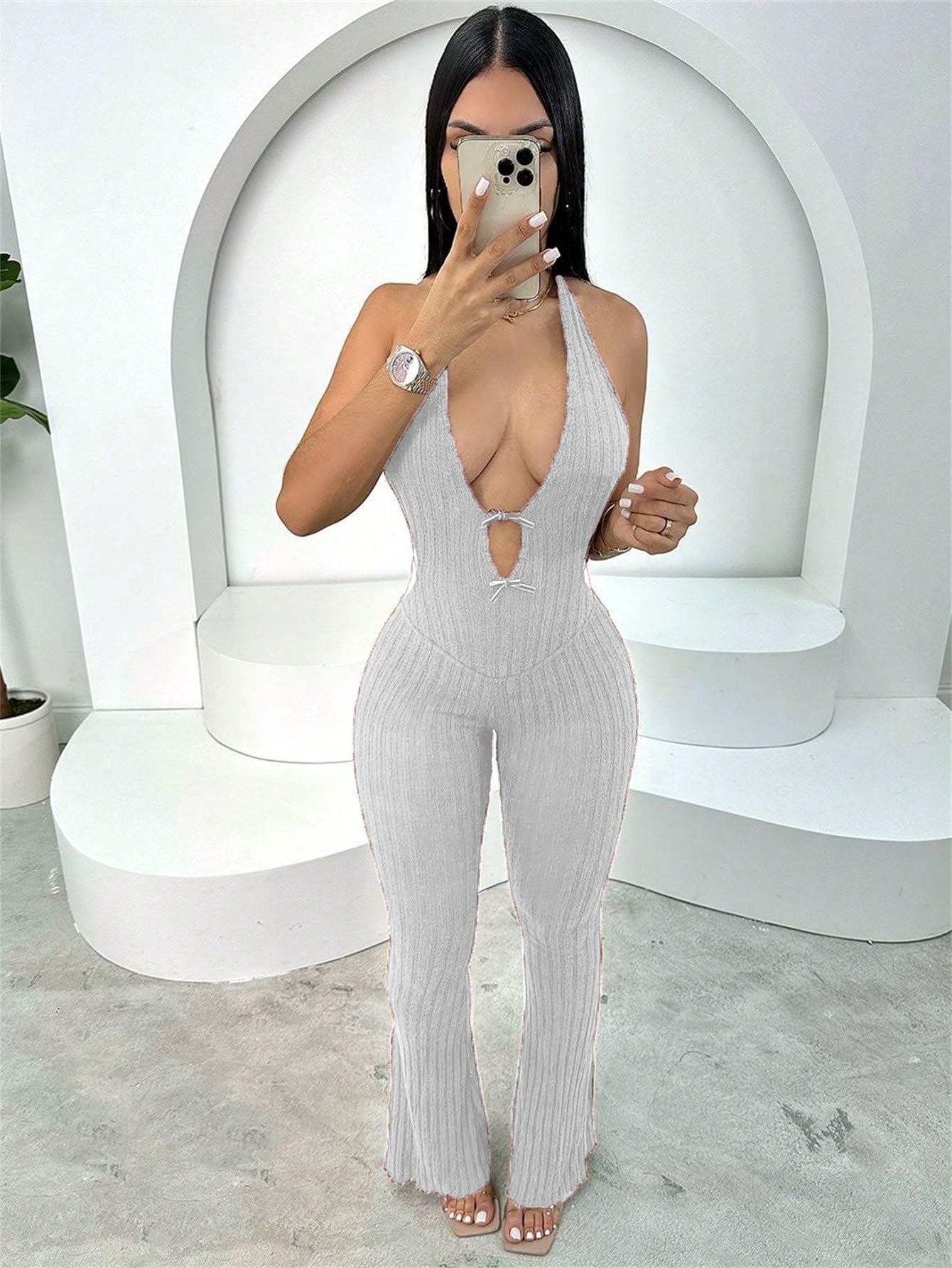 Summer Halter Slim Fit Lace up Backless Sexy Jumpsuit Bell Bottom Pants Jumpsuit Women