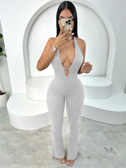 Summer Halter Slim Fit Lace up Backless Sexy Jumpsuit Bell Bottom Pants Jumpsuit Women