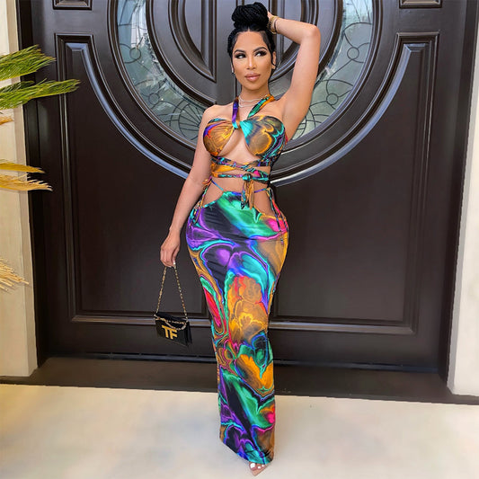 Conjunto de dos piezas de corsé con estampado digital sexy para mujer