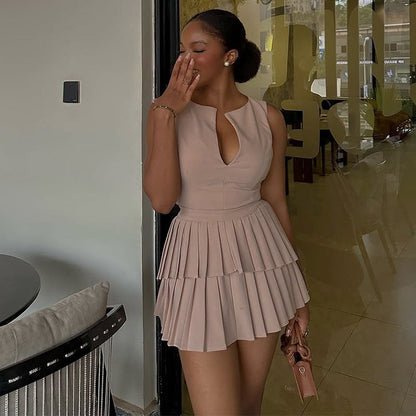 女士夏季清新甜美V領高腰顯瘦褶皺A字洋裝短裙