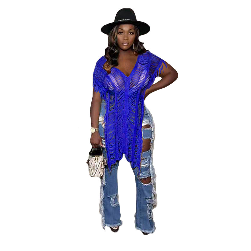 女裝純色休閒流蘇鏤空T卹