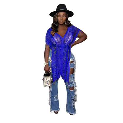 女裝純色休閒流蘇鏤空T卹