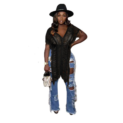 女裝純色休閒流蘇鏤空T卹