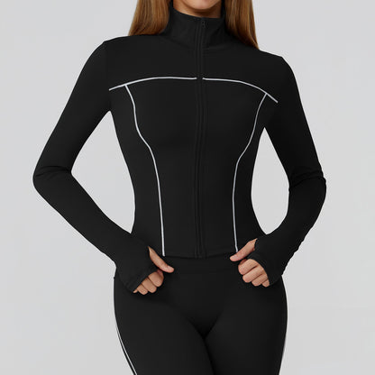 Contrast Color Brushed Yoga Coat Zipper Windproof Slim Jacket Outdoor Sports Running Fitness Clothes Women