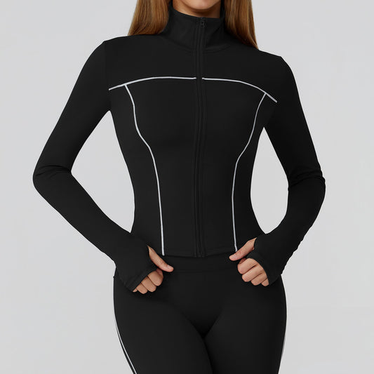 Contrast Color Brushed Yoga Coat Zipper Windproof Slim Jacket Outdoor Sports Running Fitness Clothes Women