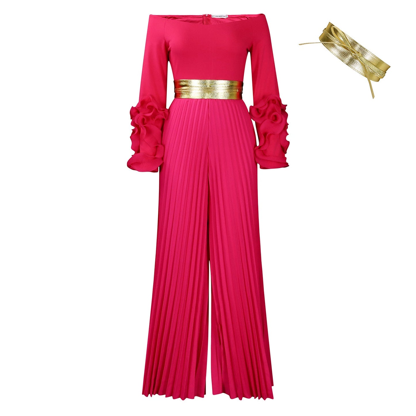 Off Neck Ruffle Sleeve Solid Color Pleated Wide Leg Jumpsuit