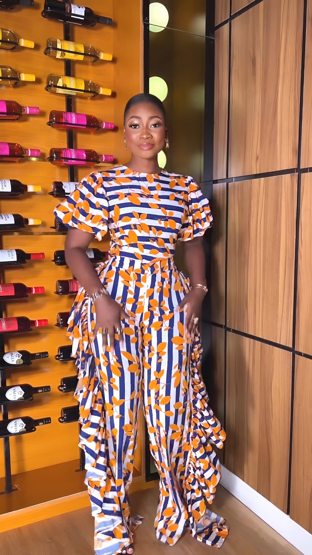 Graceful Puff Sleeve Elegant Ruffled High Waist Straight Leg Pants Women Jumpsuit