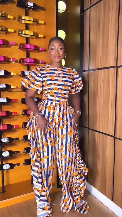 Graceful Puff Sleeve Elegant Ruffled High Waist Straight Leg Pants Women Jumpsuit