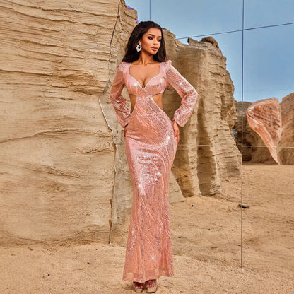 Women Evening Dresses Long Sleeve Beauty V neck Sexy Backless Dress Long Sequined Women Clothing Dress