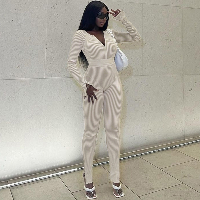 Fall Women Clothing Sexy Thread Tied High Waist Trousers Casual Tight Jumpsuit