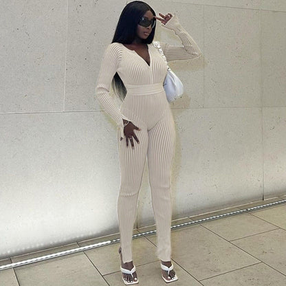 Fall Women Clothing Sexy Thread Tied High Waist Trousers Casual Tight Jumpsuit