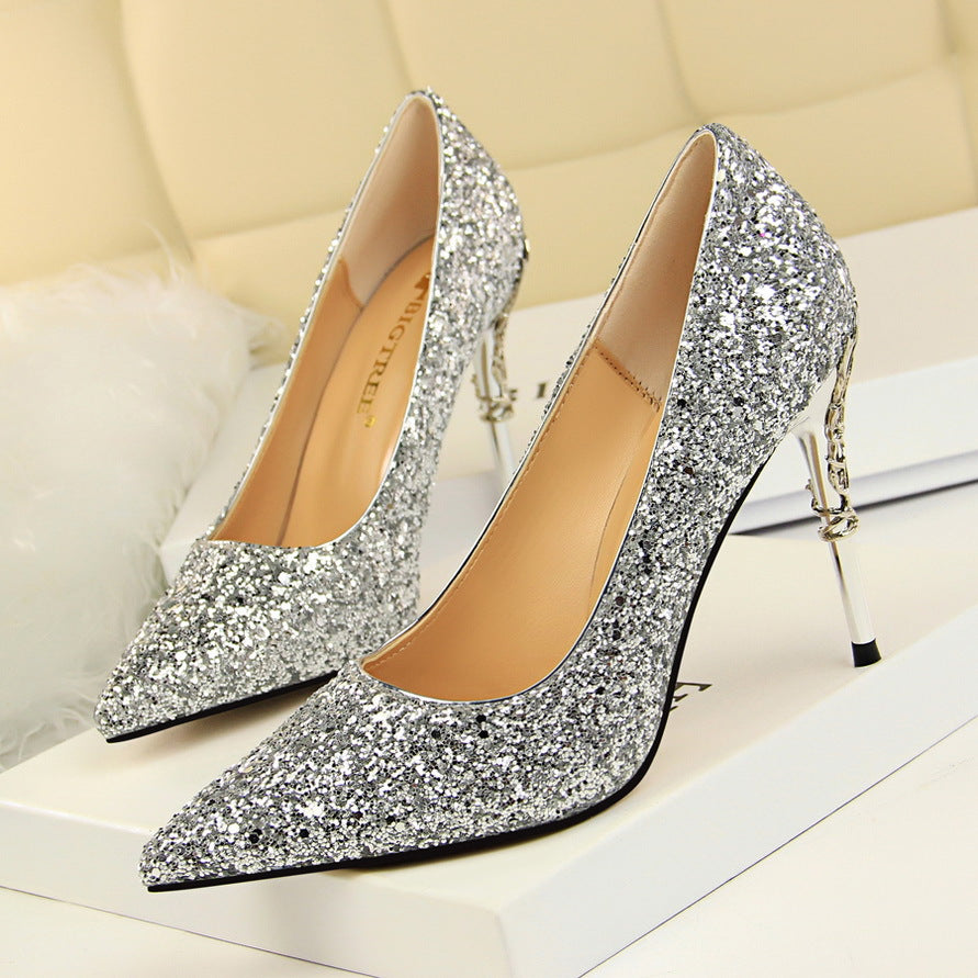 Sexy Nightclub Women Shoes Metal Heel Stiletto Heel Shallow Mouth Pointed Sequined Shoes