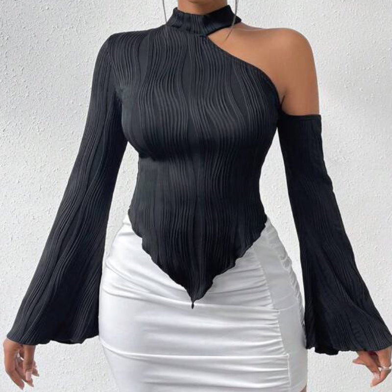 Spring Women Clothing Strip Sexy Street Long Sleeve Diagonal Collar Halterneck T Shirt Women