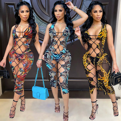 Sexy Women Wear Mesh Floral Print Sheer Cutout Swimsuit Dress Women Three Piece Suit