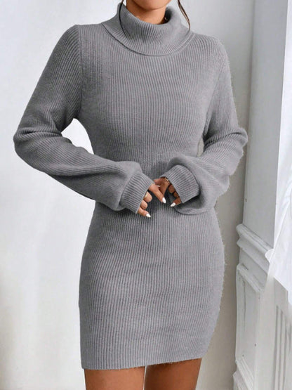 Women Clothing Woolen Dress Simple Thin Knitted Turtleneck Solid Color Sheath Knitted Dress