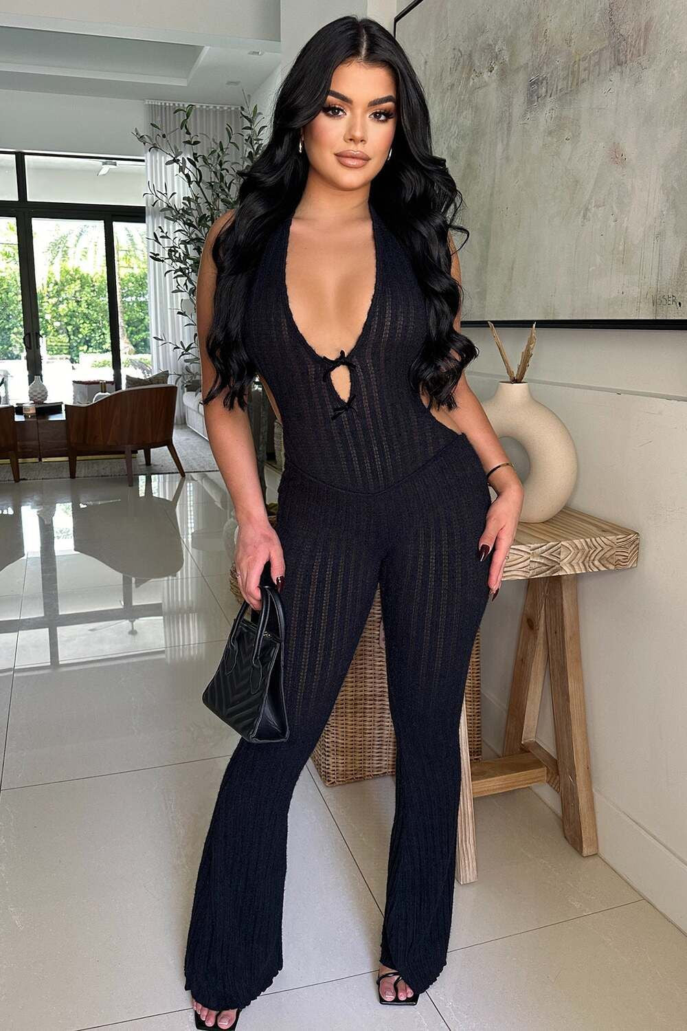 Summer Halter Slim Fit Lace up Backless Sexy Jumpsuit Bell Bottom Pants Jumpsuit Women