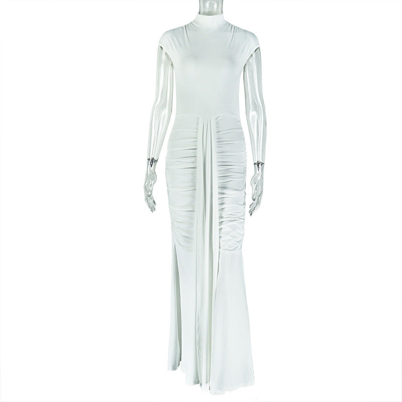 Slim Fit Elegant Women Pleated Solid Color Elegant Hip Dress Fishtail Stand Collar Sleeveless Sleeve Length Dress