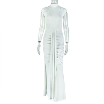 Slim Fit Elegant Women Pleated Solid Color Elegant Hip Dress Fishtail Stand Collar Sleeveless Sleeve Length Dress