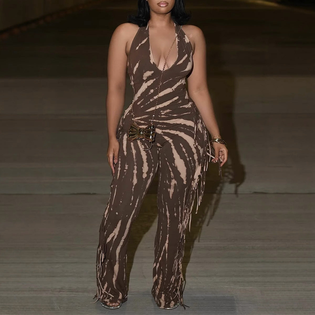 Elegant Sexy Slim Fit Stretch Backless Tassel Printed Halter Strap Micro Pull Jumpsuit