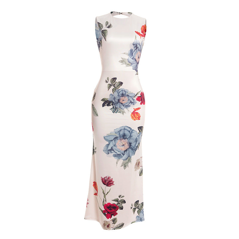 Fashionable Elegant round Neck Sleeveless Pullover Plant Floral Print Slim Fit Maxi Dress
