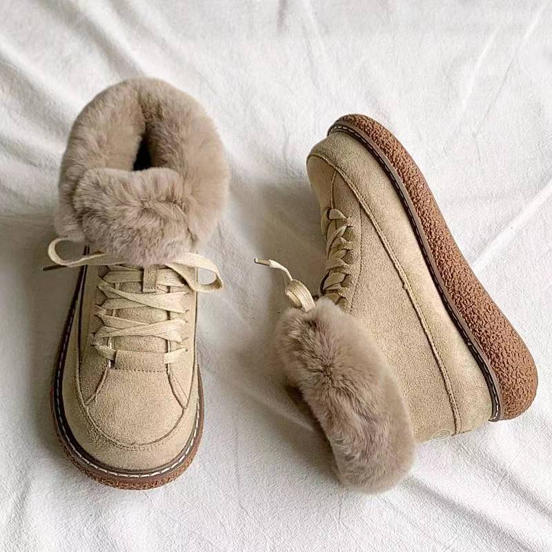 Warm Lace up Low Top Cotton Shoes Women Winter Fleece lined Thickened round Lace up Snow Platform Ankle Boots