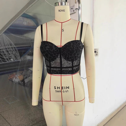 Sexy Leopard Print Stitching Bra Shoulder Straps High Grade Inner Mesh Lace See through Outer Wear Boning Corset Bra