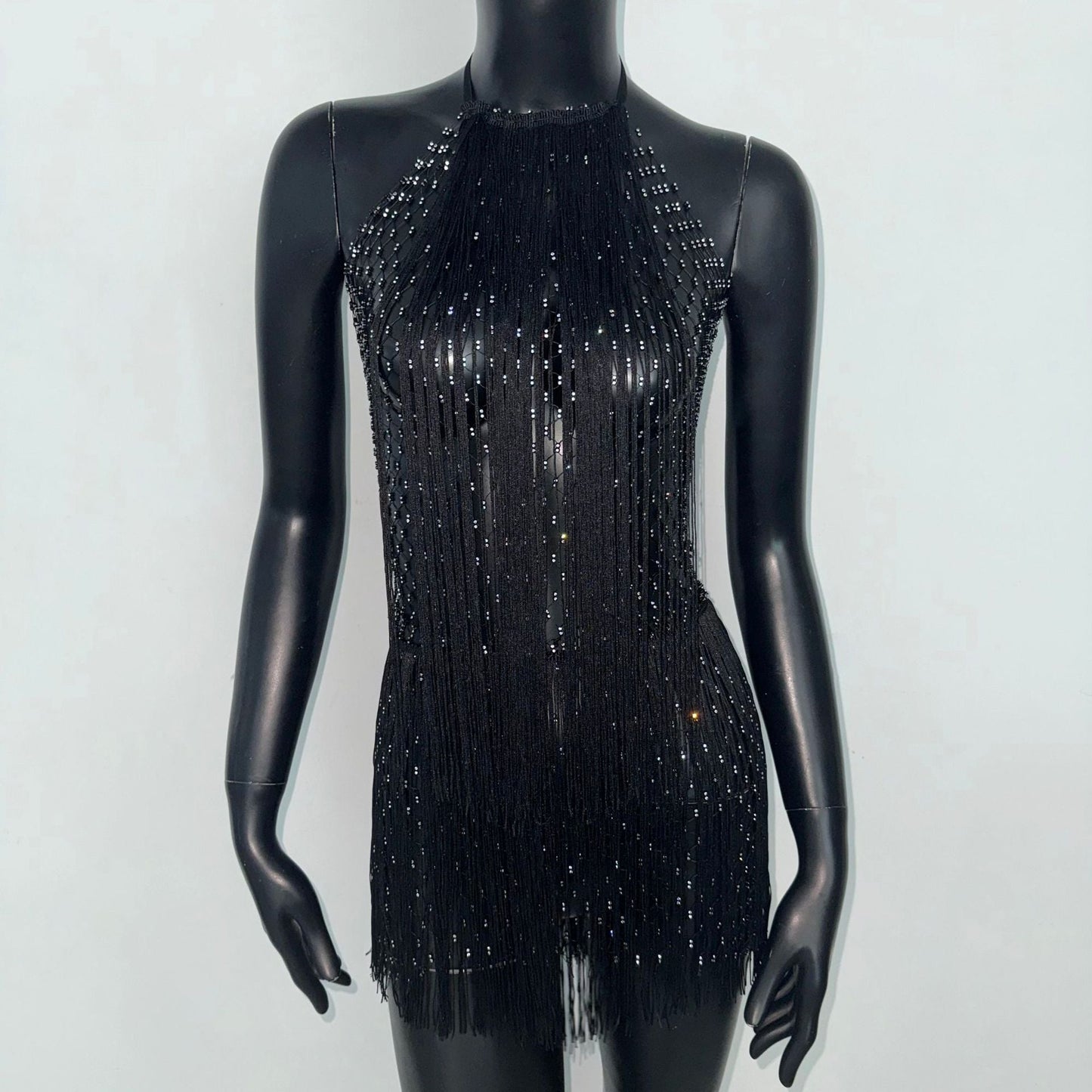 Sexy Dress Skinny Mesh Halterneck Fishnet Rhinestone Tassel Dress Nightclub Party Cami Dress