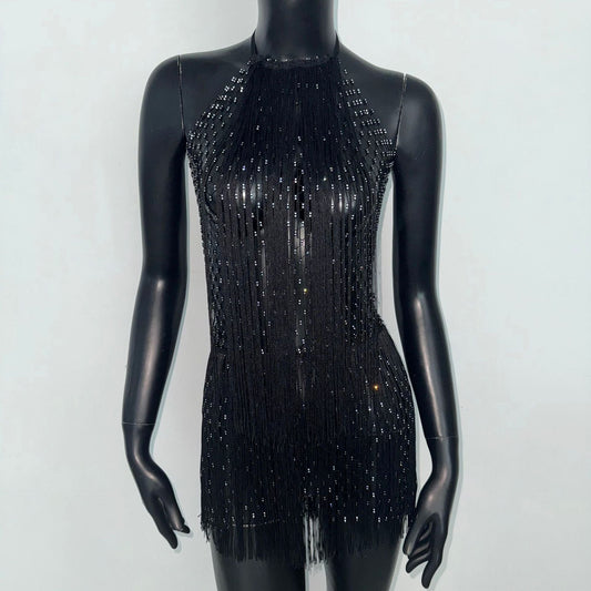 Sexy Dress Skinny Mesh Halterneck Fishnet Rhinestone Tassel Dress Nightclub Party Cami Dress