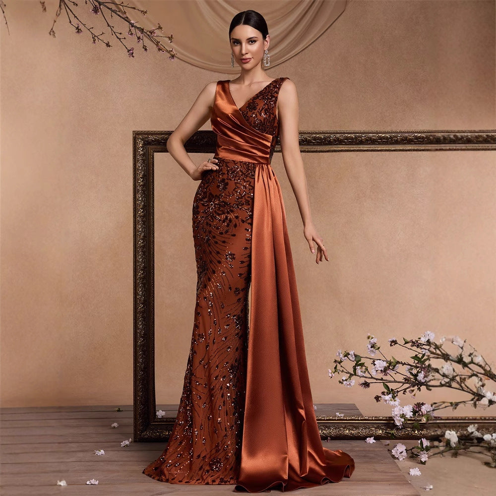 Elegant Sequin Stitching Fit V neck Sleeveless Elegant Gorgeous Noble Cocktail Party Formal Dinner Dress