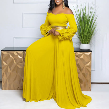 Off Neck Ruffle Sleeve Solid Color Pleated Wide Leg Jumpsuit