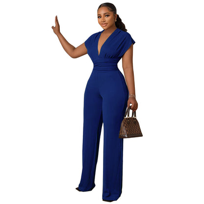 Low Cut Solid Color Waist Tight Women Jumpsuit