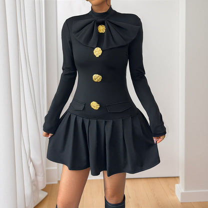 Elegant Sweet Bow Fastener Decoration Half High Collar Long Sleeves Autumn Dress