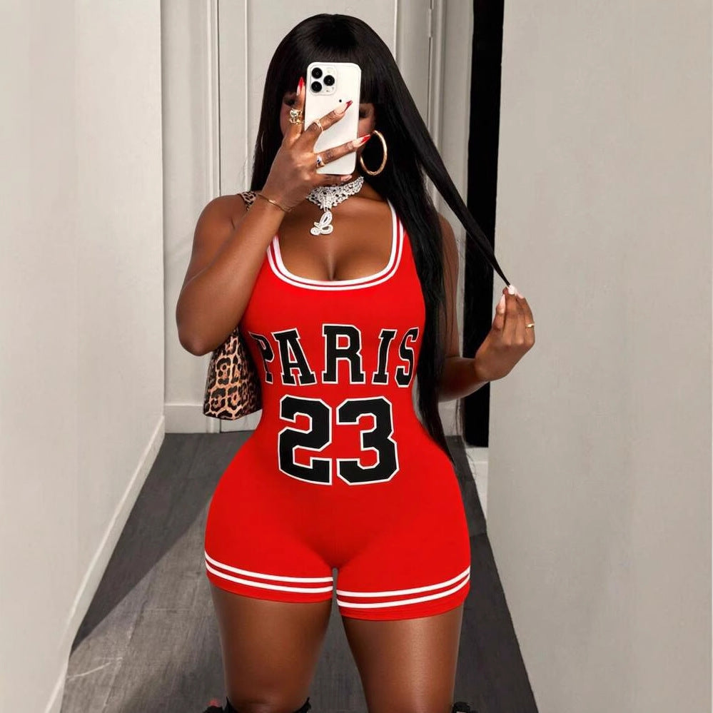 Summer Women Sexy Slim Fit Printed Suspenders U Collar Hip Shorts Jumpsuit Women