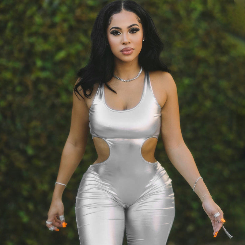 Metallic Coated Fabric Women Clothing Winter Solid Color Faux Leather Sexy Cutout Backless Slim Fit Sling Jumpsuit