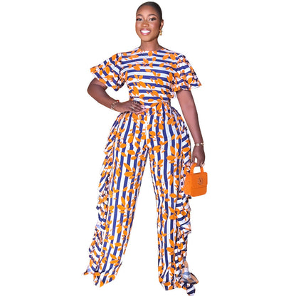 Graceful Puff Sleeve Elegant Ruffled High Waist Straight Leg Pants Women Jumpsuit