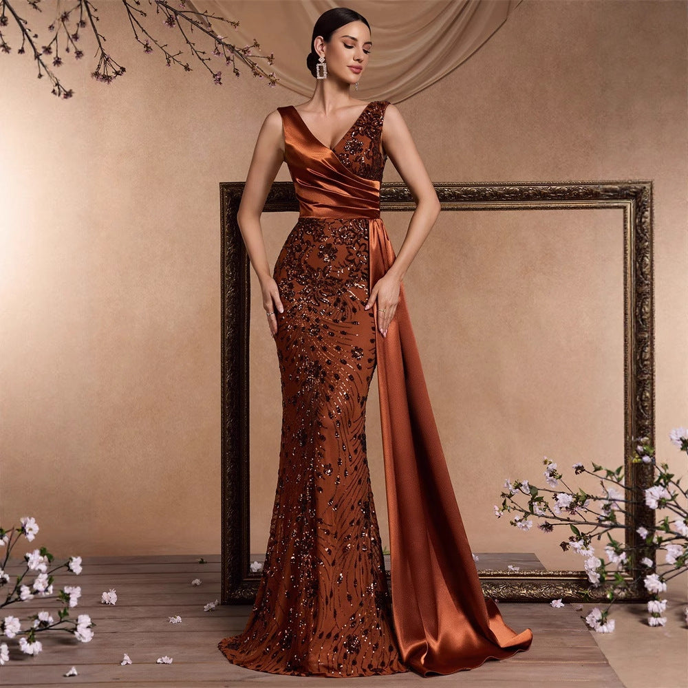 Elegant Sequin Stitching Fit V neck Sleeveless Elegant Gorgeous Noble Cocktail Party Formal Dinner Dress