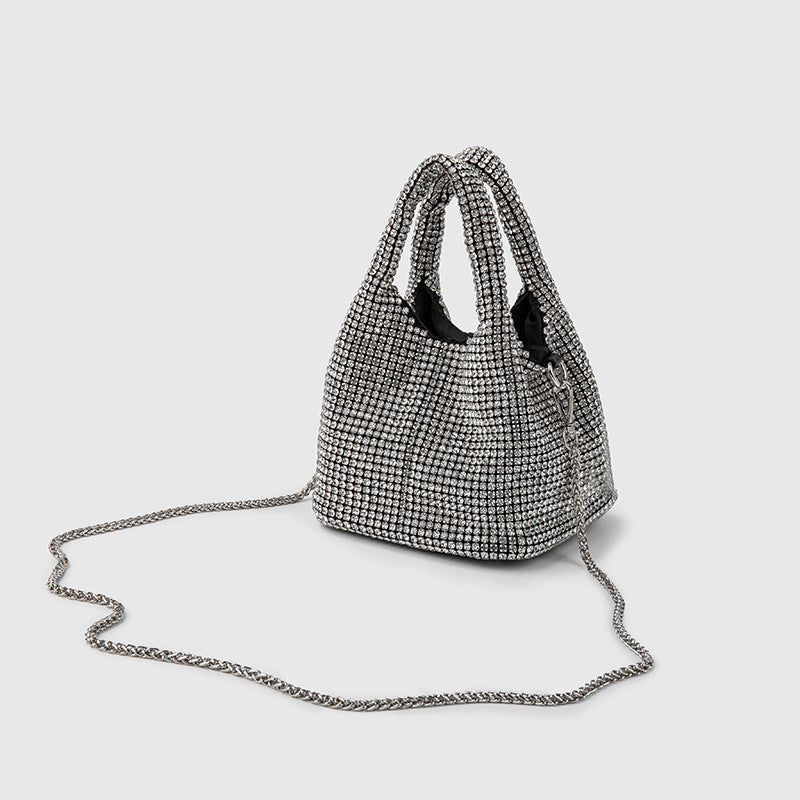 Bolso de mujer con diamantes de imitación, tipo cubo, portátil, elegante, tipo cesta para verduras, tipo chaleco, tipo mensajero 