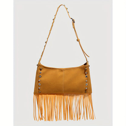 Bolso pequeño cuadrado de gamuza para mujer, bandolera clásica con borlas, bolso de oficina de metal transpirable con agujeros para debajo del brazo. 