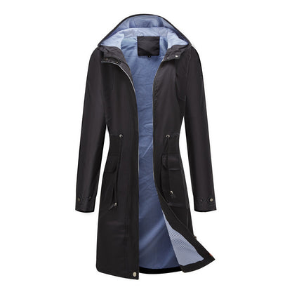 Spring Autumn Long Casual Trench Coat Women Waterproof Hooded Solid Color Top Striped Lining Straight Coat