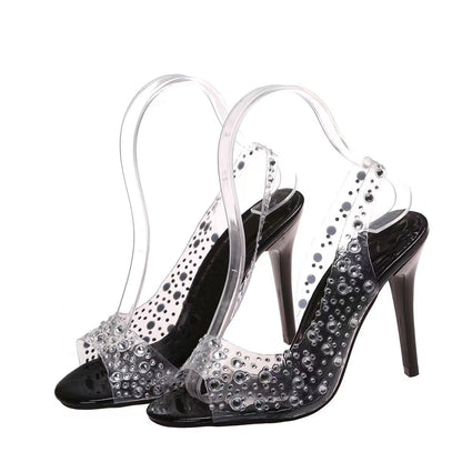 Rhinestone High Heeled Open Toe Sandals Women Pointed Toe Mixed with Crystal Fish Mouth Shoes