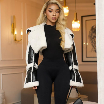 女裝街頭仿皮拼接短毛領短外套