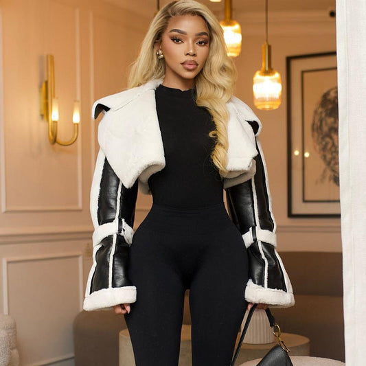 女裝街頭仿皮拼接短毛領短外套