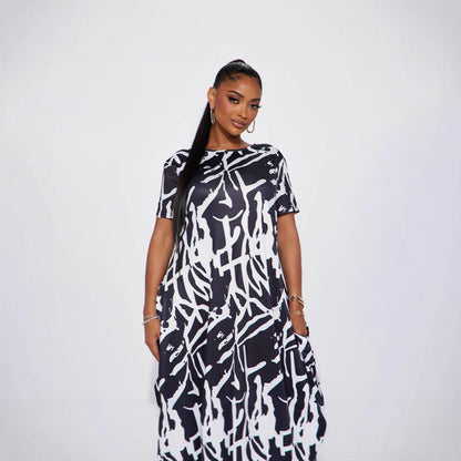Casual Outing Abstract Printing Black White Short Sleeved Dress