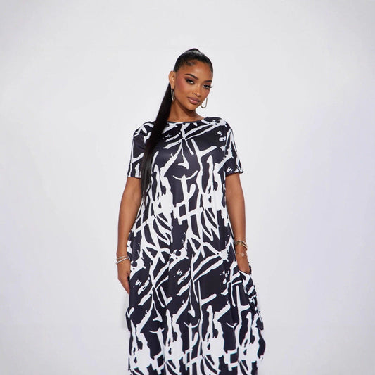 Casual Outing Abstract Printing Black White Short Sleeved Dress Comfortable Home Loose round Neck Jumpsuit