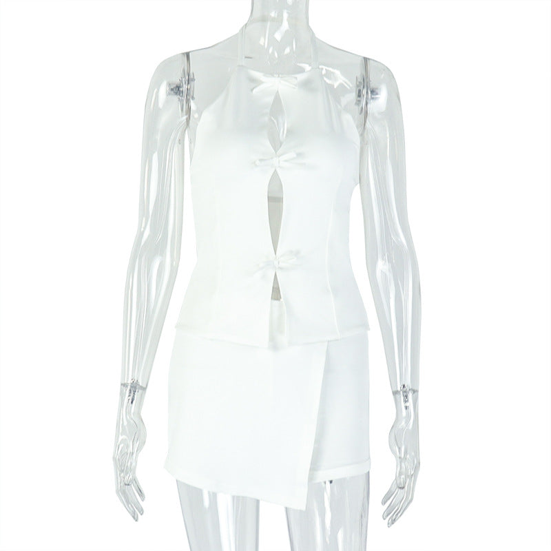 Women Summer Solid Color Hollow Out Cutout Ruffle Hip Skirt Two Piece Set Women Party